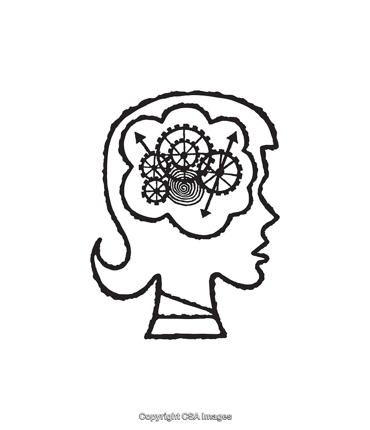 Black and White Line Art of Human Profile with Gears Representing Thoughts