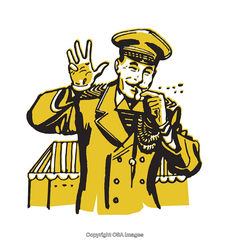Vintage Illustration of a Smiling Conductor Holding a Whistle and Waving