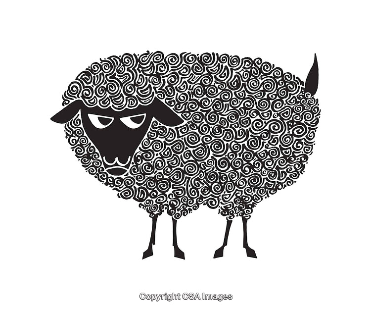 Stylized Black Sheep With Intricate Swirl Designs in Black and White