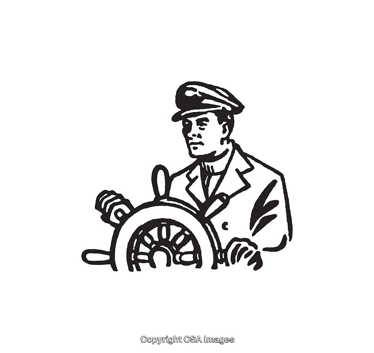 Black And White Line Art Illustration of a Sailor at Ship's Helm