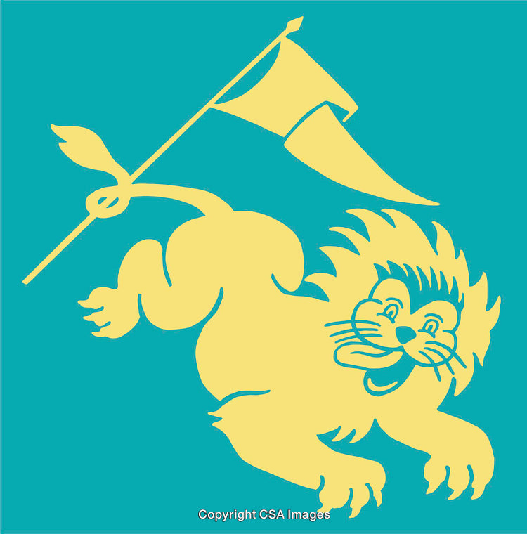 Stylized Lion Emblem with Bold Colors and Whimsical Design Elements