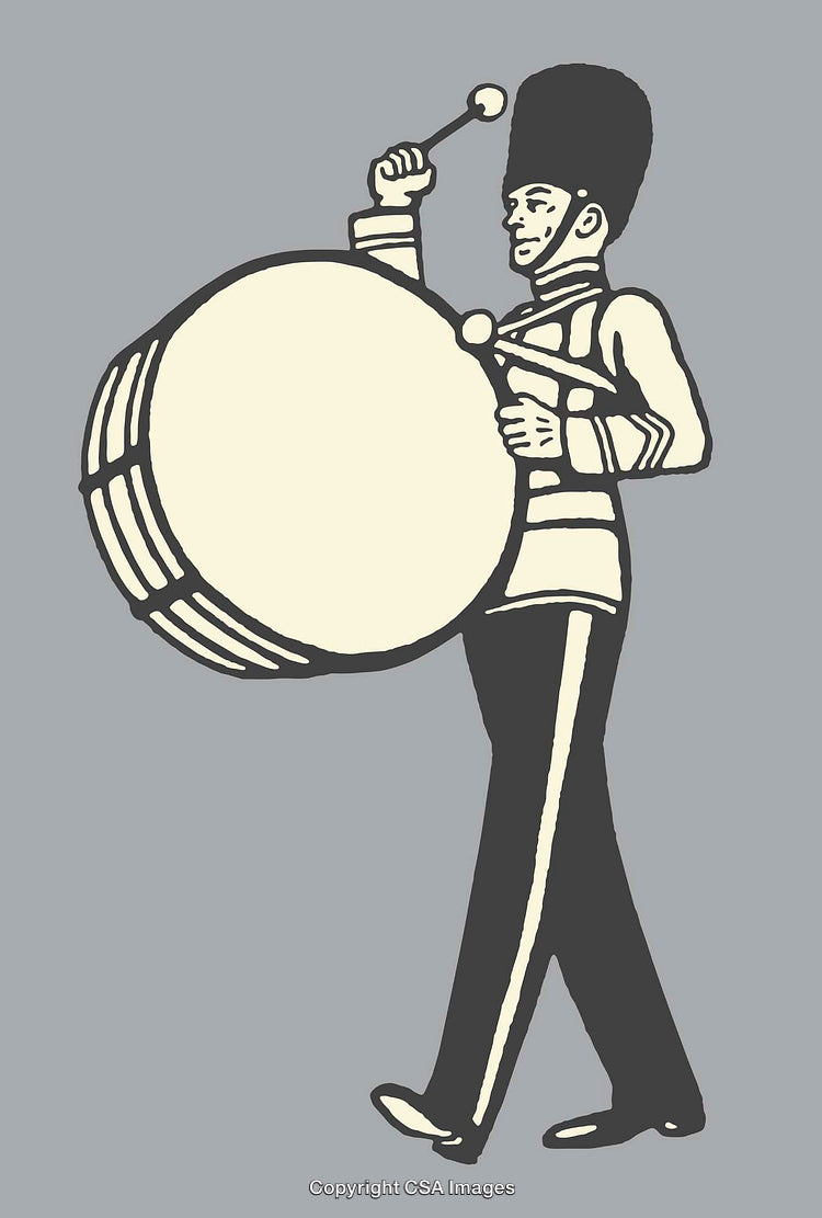 Marching Drummer Illustration Depicting a Musician with a Large Bass Drum