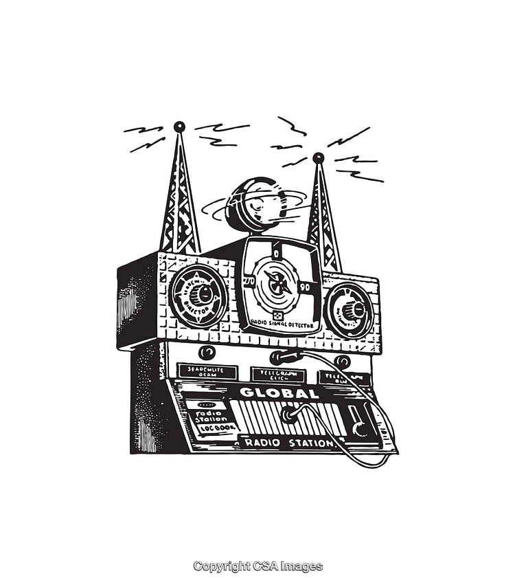 Vintage Black and White Line Art Representation of a Retro Radio Station