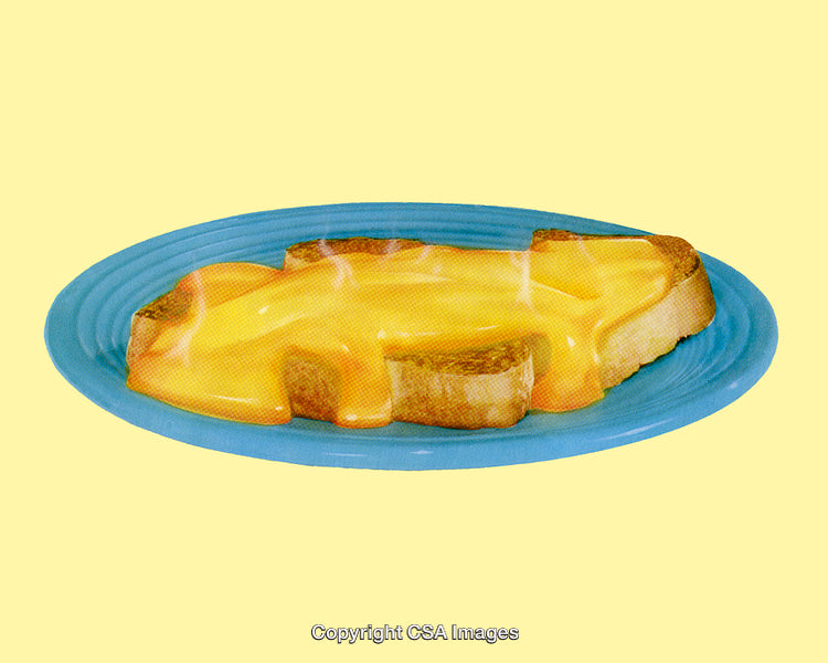 Melted Cheese on Toast Styled on a Blue Plate Against Yellow Background