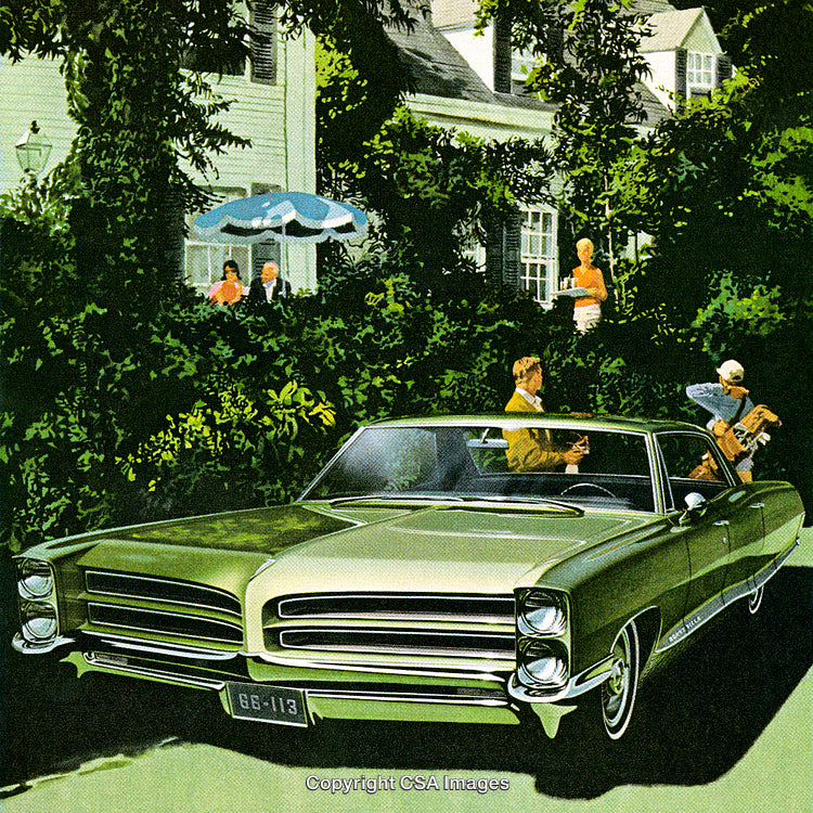Classic Green Convertible Parked by a Family Gathering in a Lush Garden