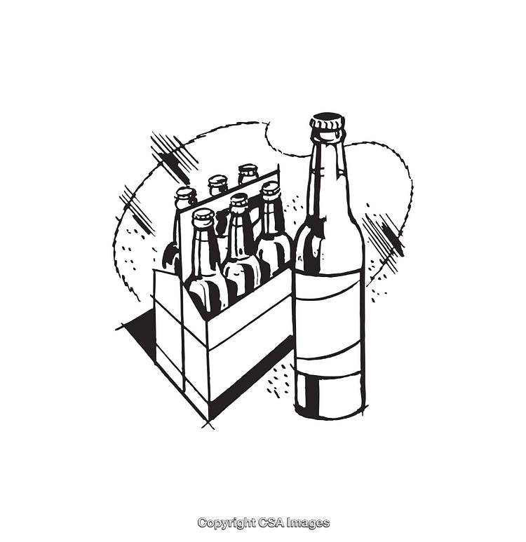 Black and White Illustration of Bottles and a Beverage Pack