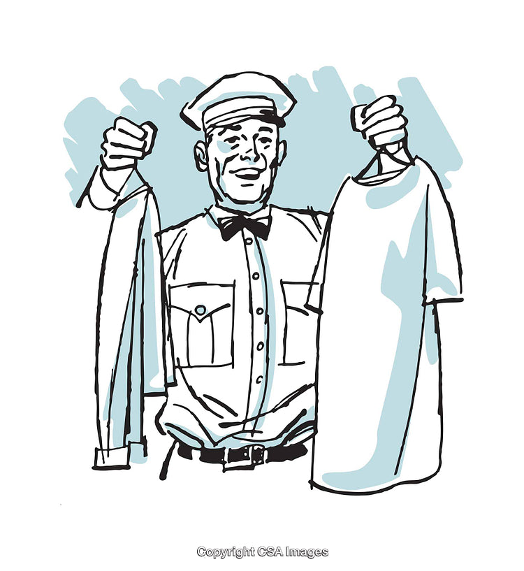 Vintage Delivery Illustration of Smiling Worker With Clothing Items