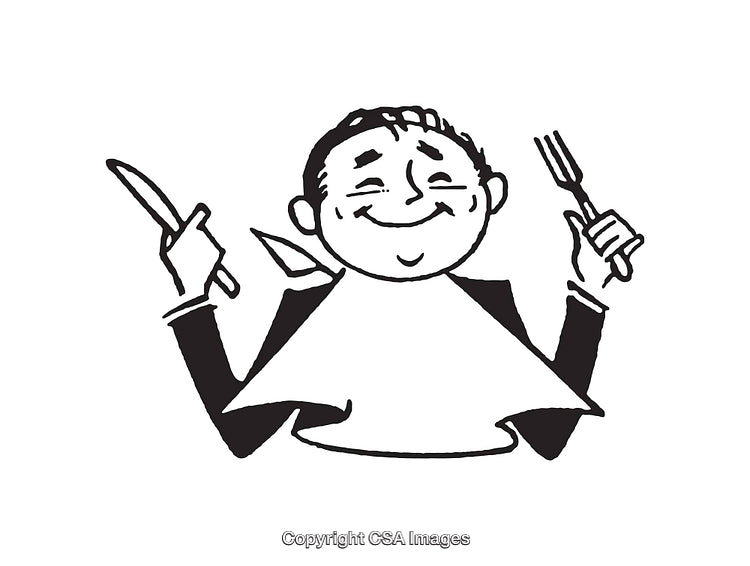 Black And White Illustration of a Happy Person Ready to Eat