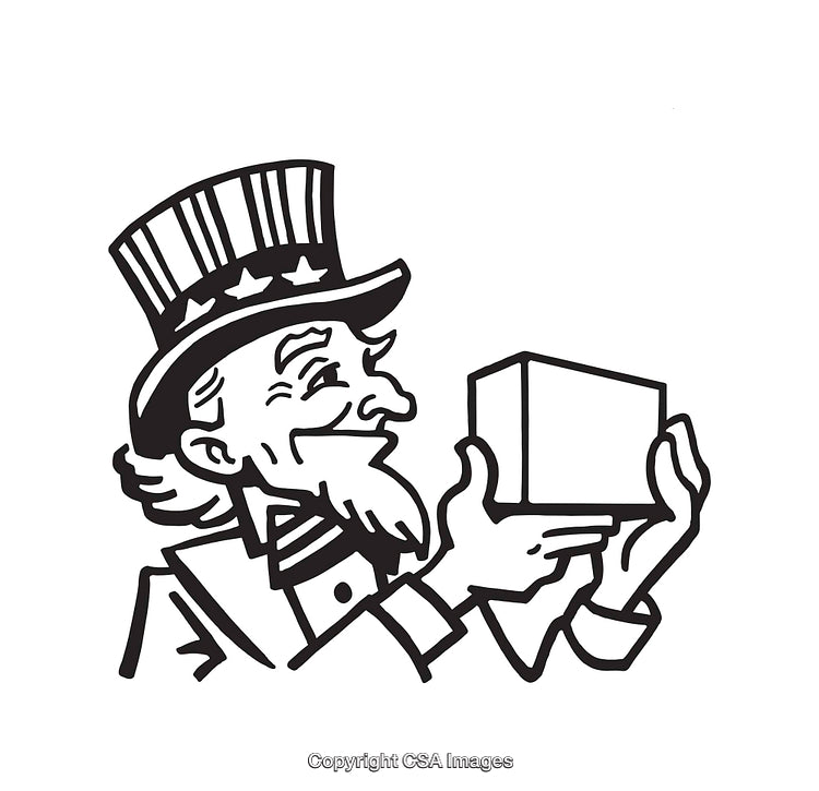 Black and White Line Art of a Patriotic Figure with a Box