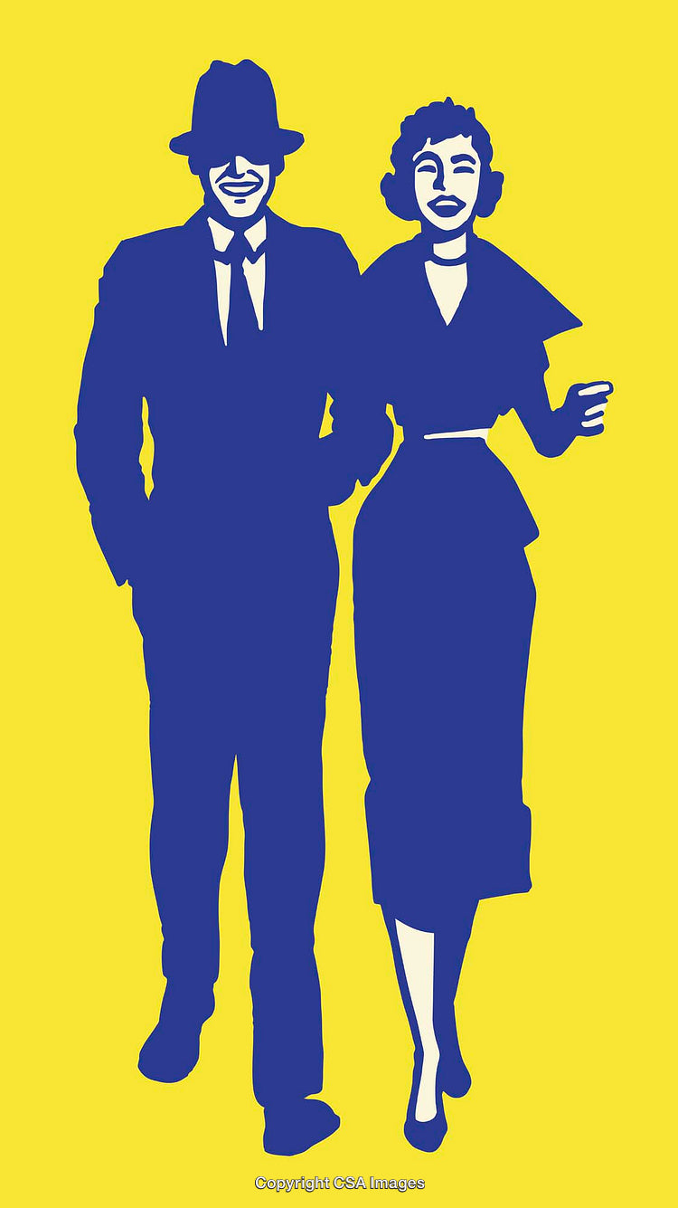 Stylized Illustration of a Smiling Vintage Couple on Yellow Background