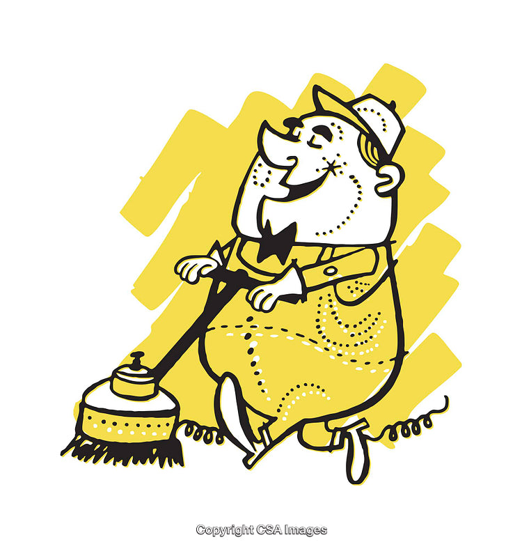 Vintage Cartoon Illustration of A Smiling Worker With A Cleaning Machine
