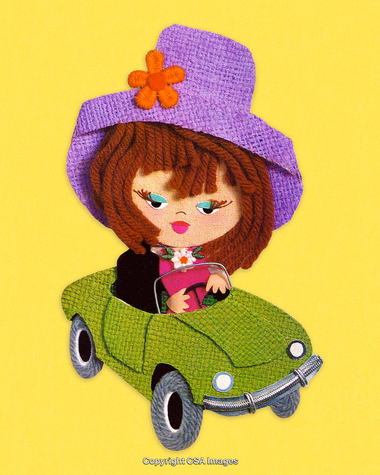 Cute Textile Artwork of a Stylish Girl Driving a Green Car