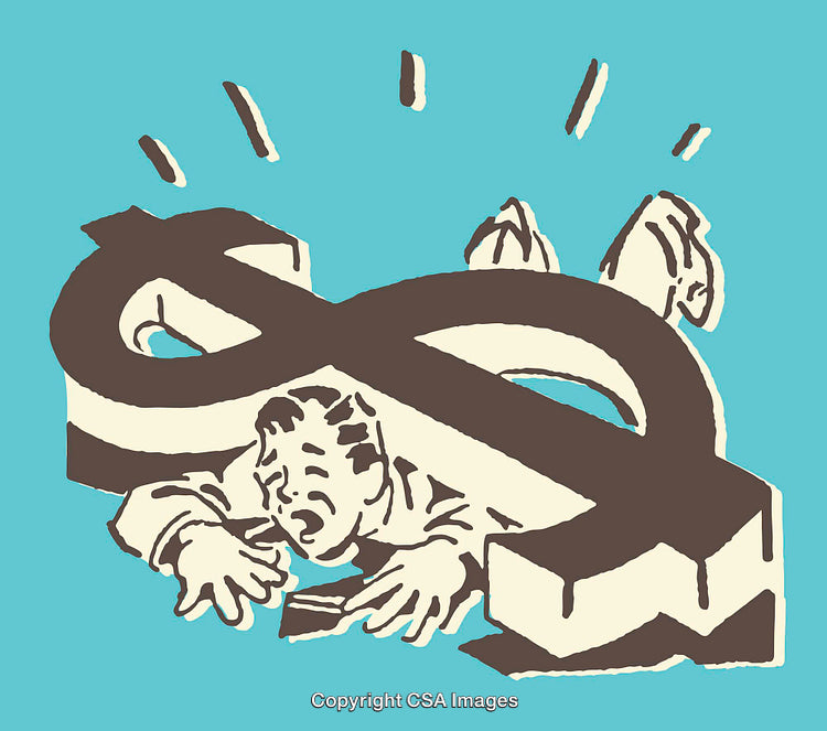Retro Illustration Depicting Man in Financial Struggle With Currency Symbol