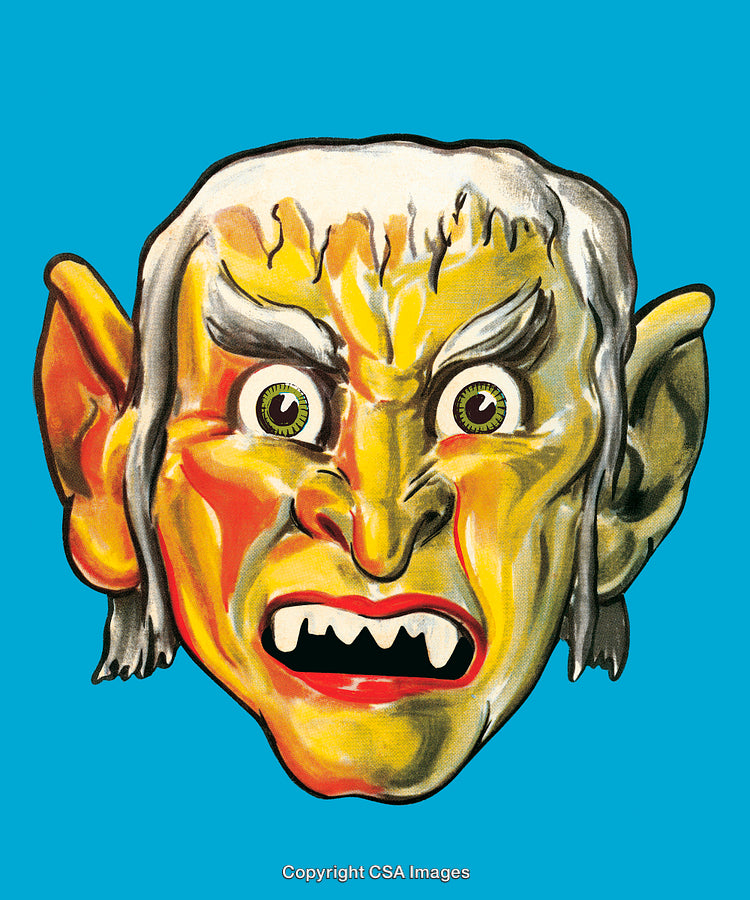 Colorful Illustration of a Goblin Face with Fierce Expression on Blue Background