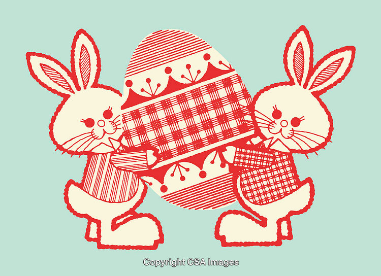 Two Cartoon Bunnies Holding a Decorative Easter Egg Illustration