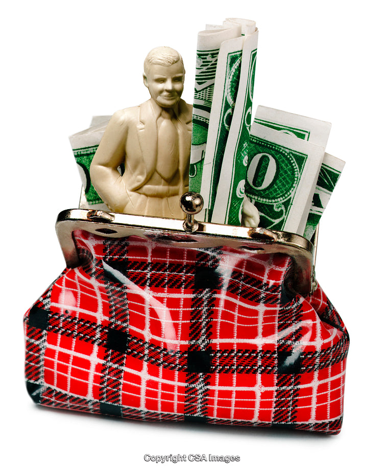 Vintage Figurine in a Purse With Rolled Dollar Bills Display