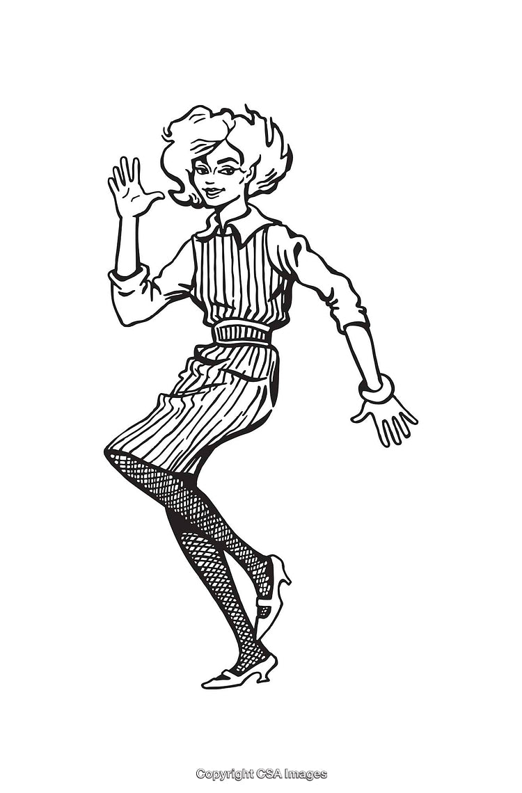 Retro Black and White Line Art Illustration of a Dancing Lady
