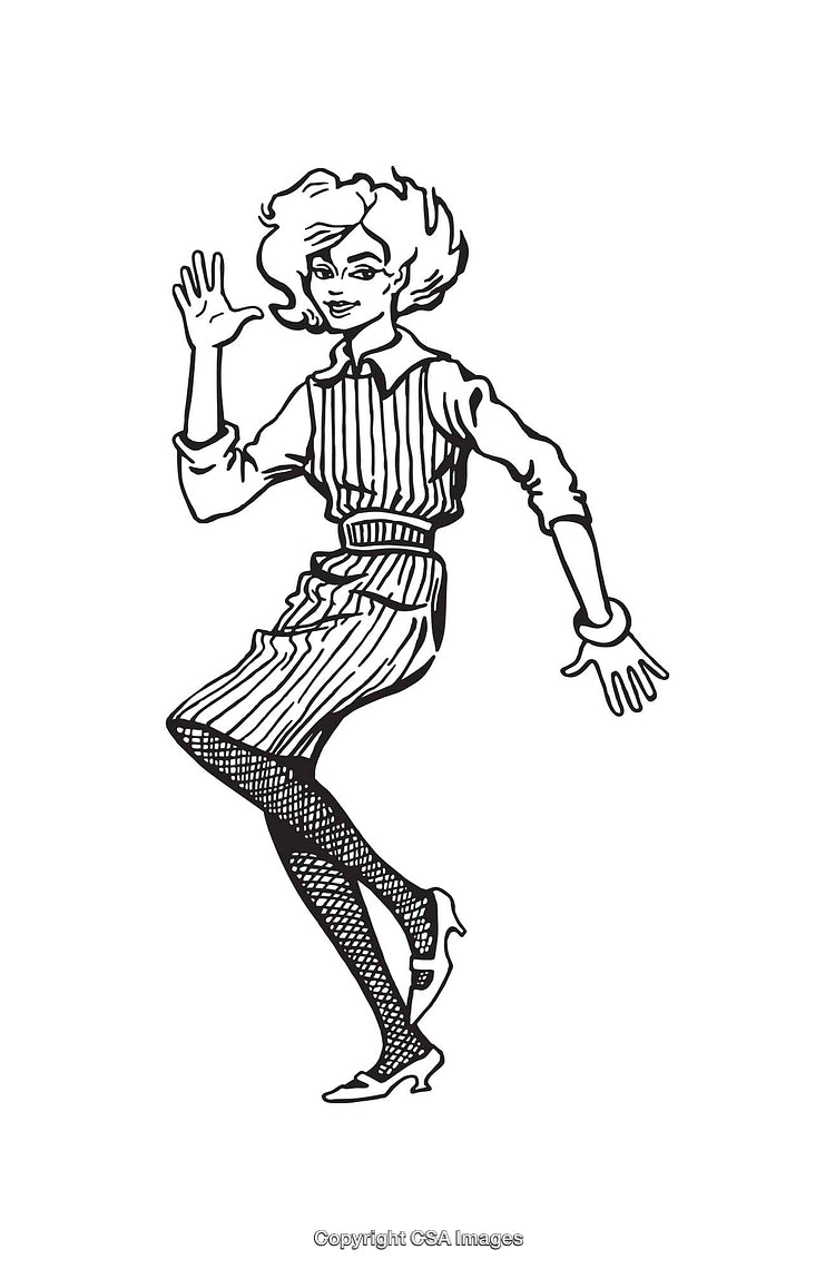 Retro Black and White Line Art Illustration of a Dancing Lady