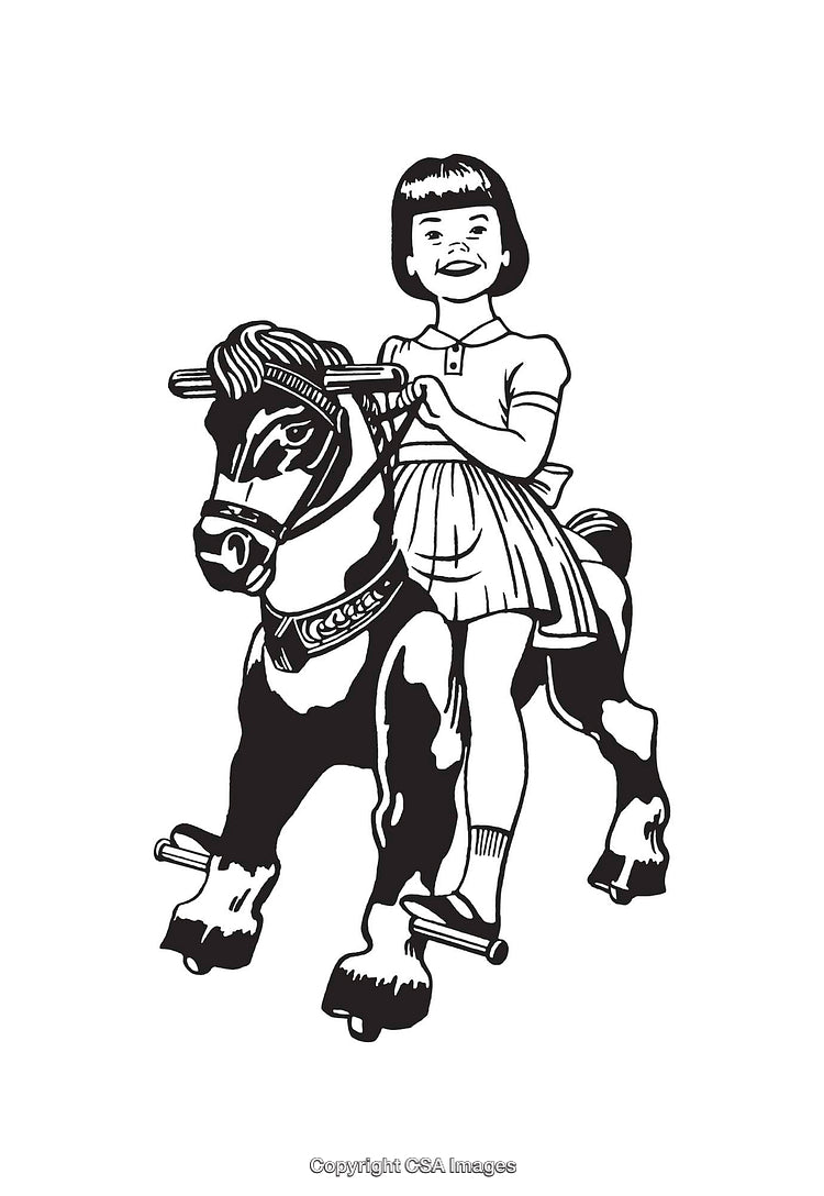 Retro Black And White Illustration of Child Riding Rocking Horse