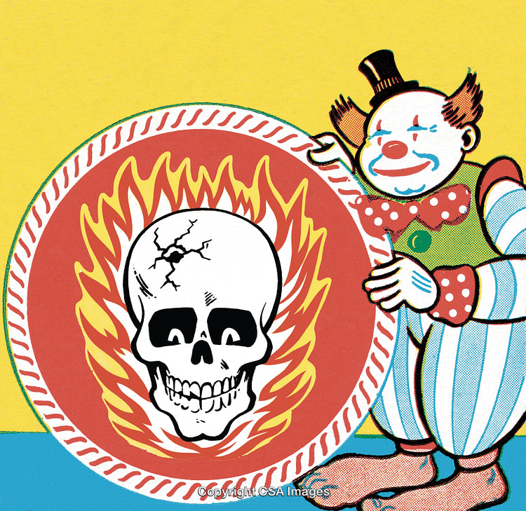 Illustration of a Clown and a Flaming Skull Symbol