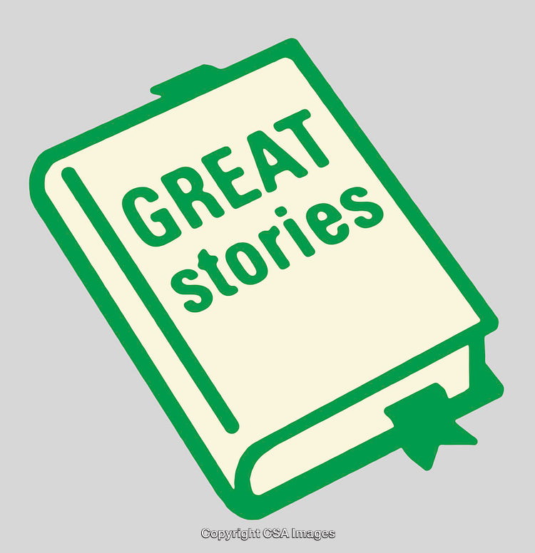 Illustration of a Stylized Book Titled 'Great Stories' in Green and Ivory