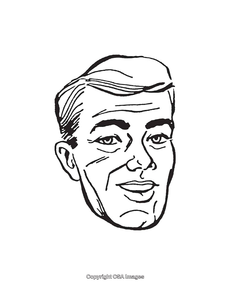 Retro Black and White Line Art Illustration of a Man's Face