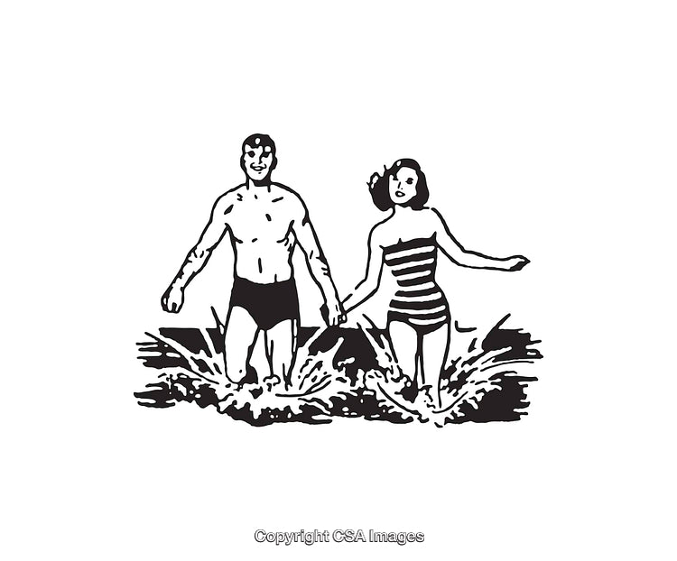 Retro Black and White Illustration of a Couple Walking in the Water