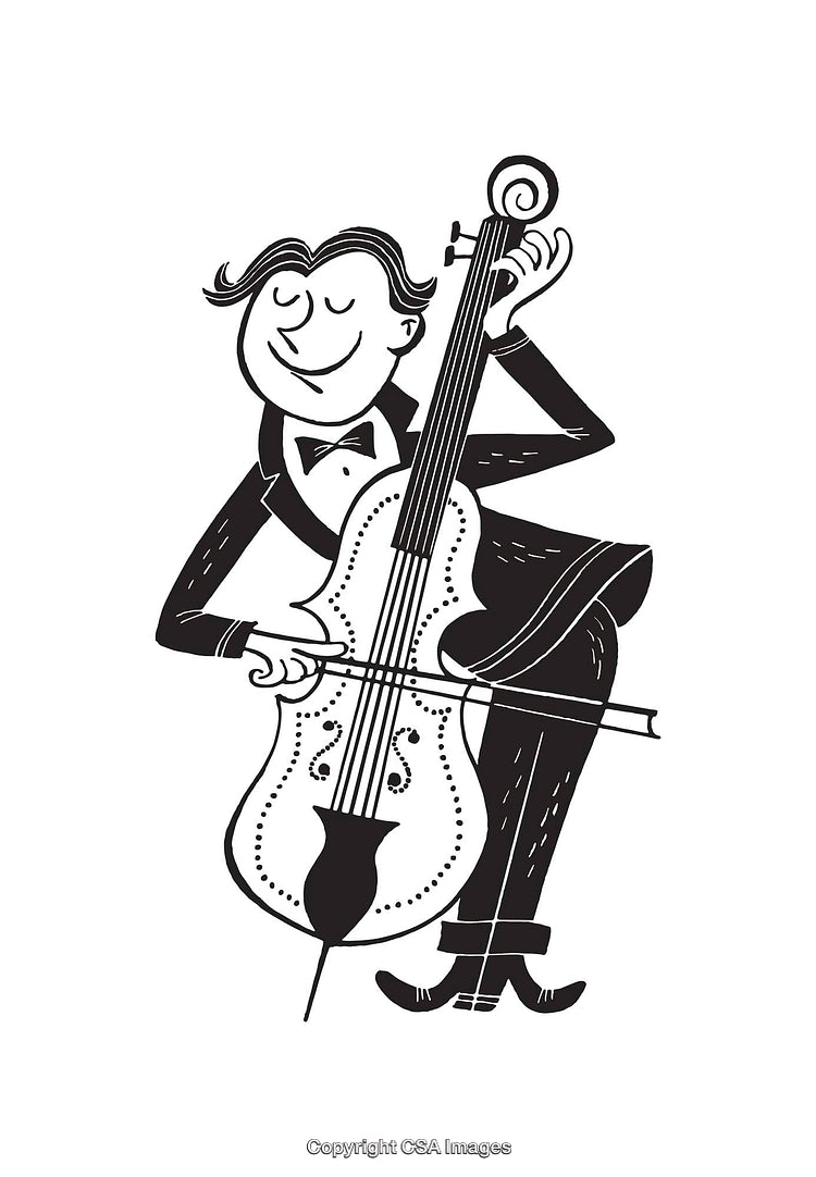 Elegant Cartoon Cellist Performing With Graceful Style in Line Art Illustration