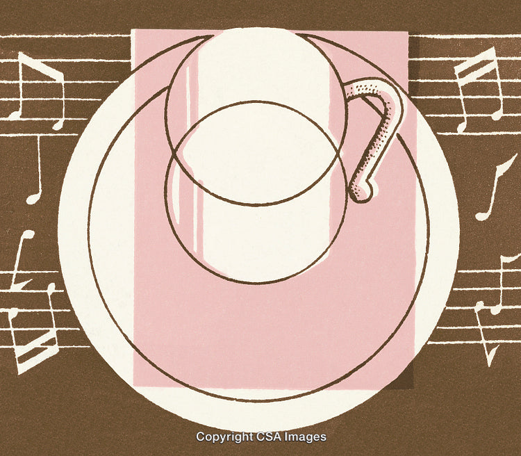 Artistic Illustration of a Teacup with Musical Notes in Pink and Brown Palette