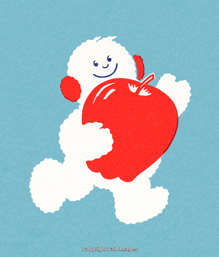 Cheerful Cartoon Character Holding a Giant Apple on Blue Background