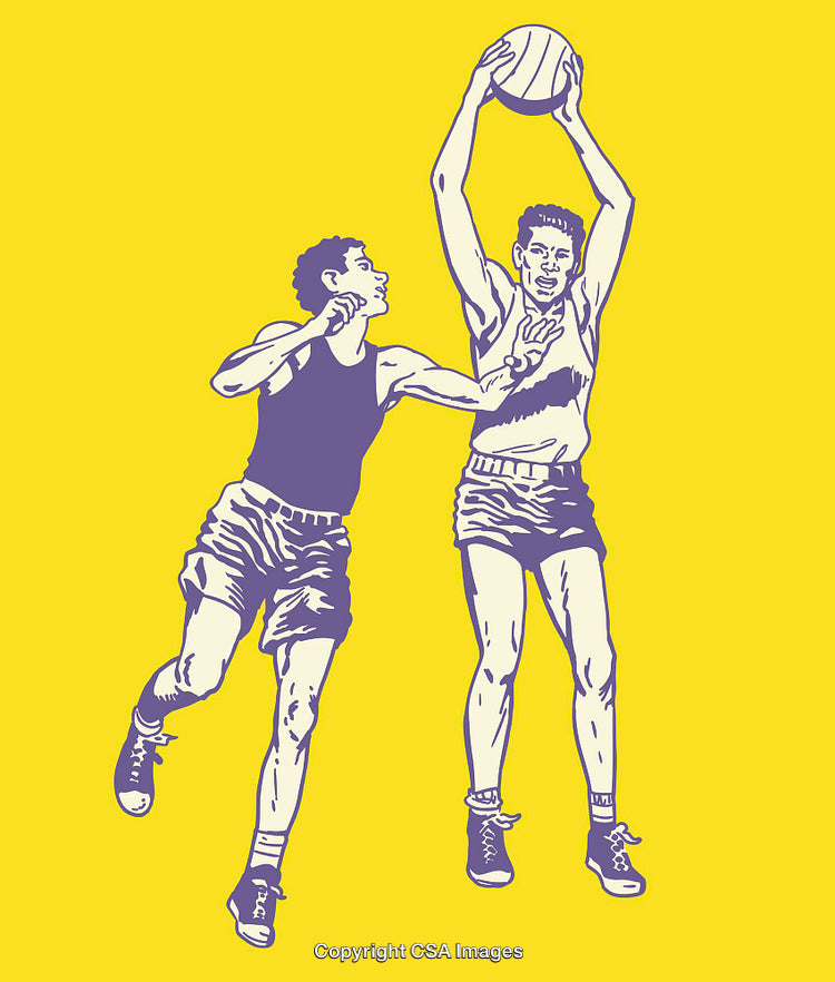 Vintage Line Art Illustration of Two Basketball Players Competing