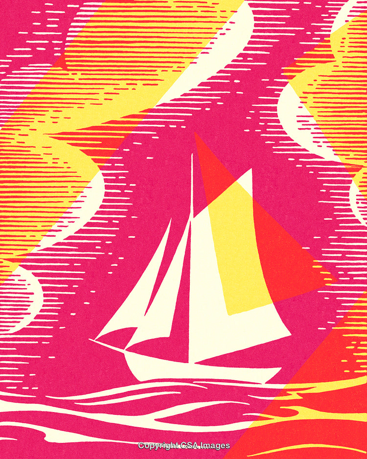 Vibrant Abstract Sailing Illustration with Bold Colors and Patterns
