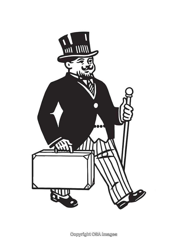 Retro Black and White Illustration of a Distinguished Gentleman Carrying a Briefcase