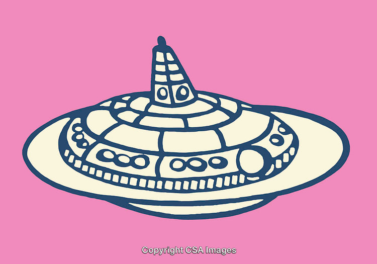 Retro Style Flying Saucer Illustration on Vibrant Pink Background