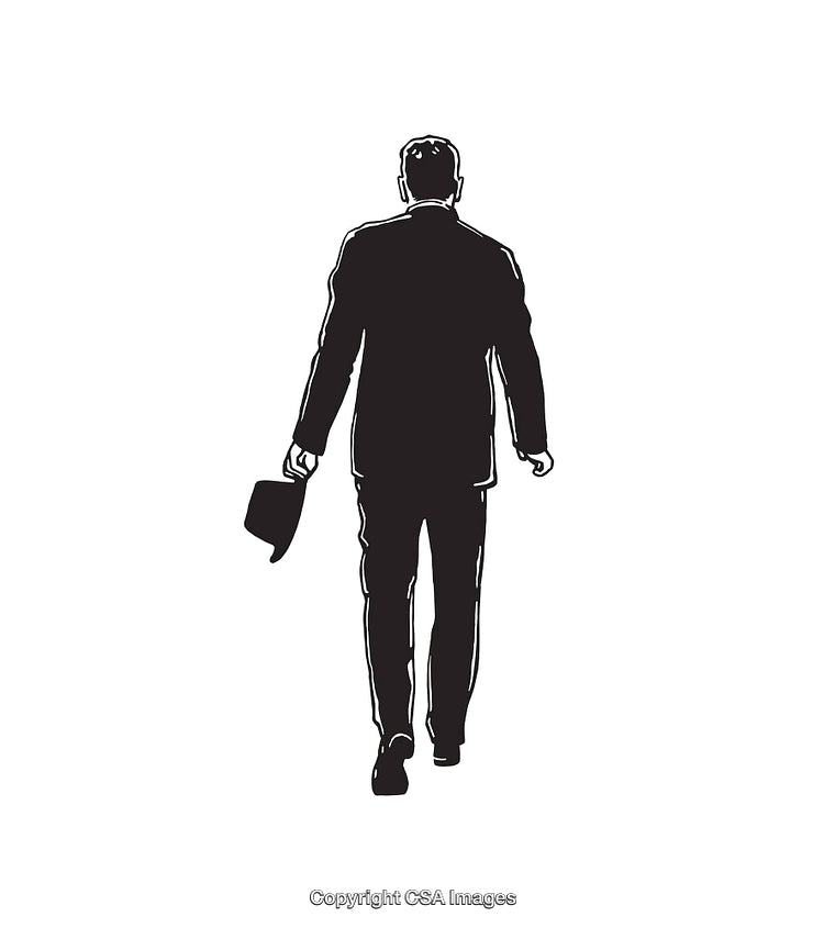 Black and White Line Art of a Businessman Walking Holding a Hat