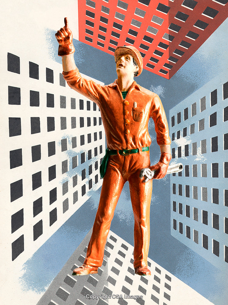 Toy Construction Worker Standing in an Urban Building Perspective