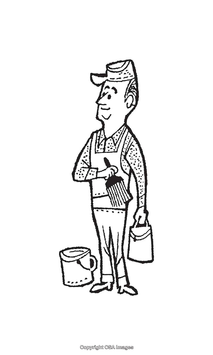 Black and White Line Art Illustration of a Smiling Worker With Tools