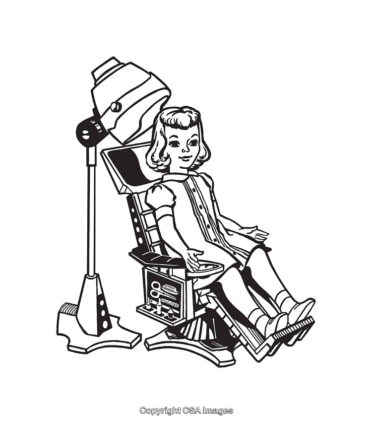 Vintage Line Art of Girl in Salon Under Hair Dryer