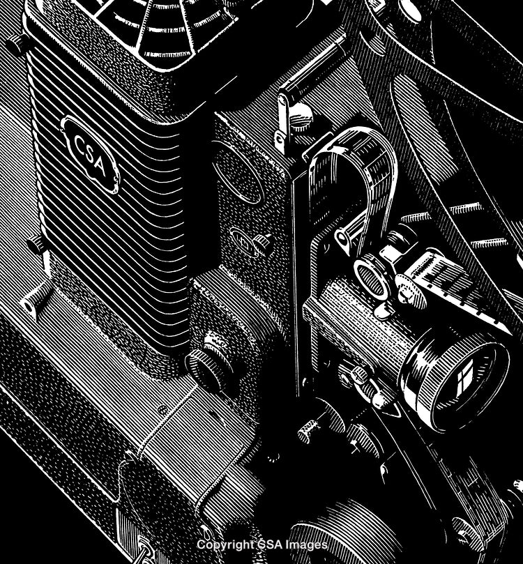 Detailed Black and White Engraving of a Vintage Mechanical Device