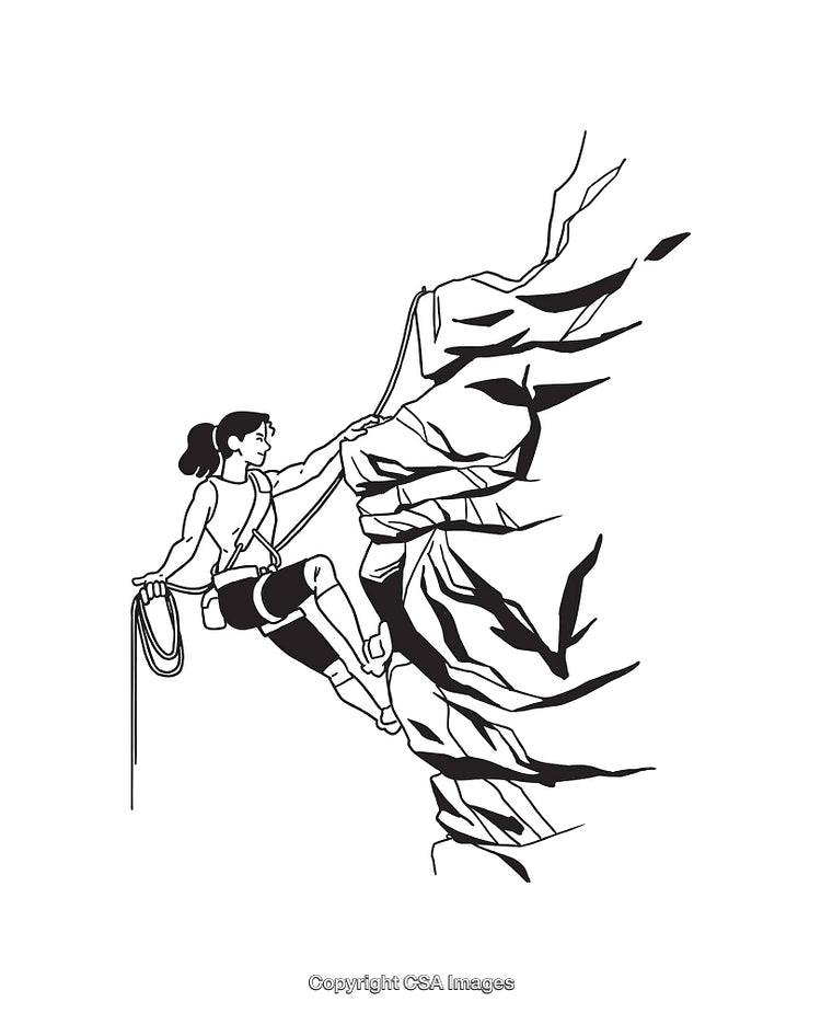 Female Rock Climber Ascending Cliff in Black and White Line Art