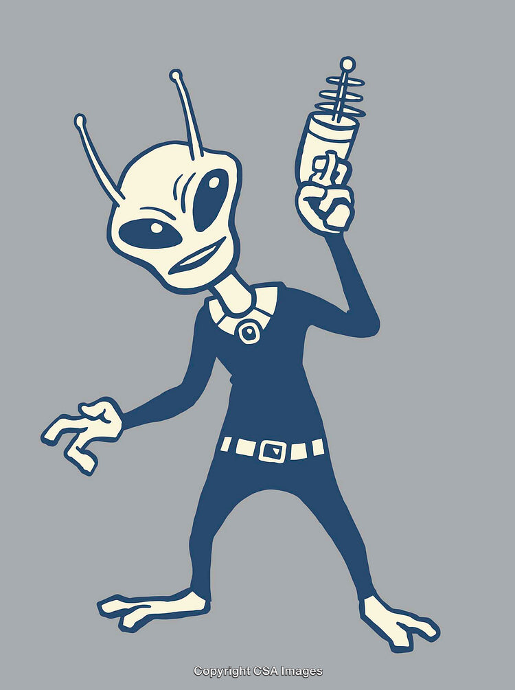 Retro Style Alien Figure Holding Ray Gun in Minimalist Colors