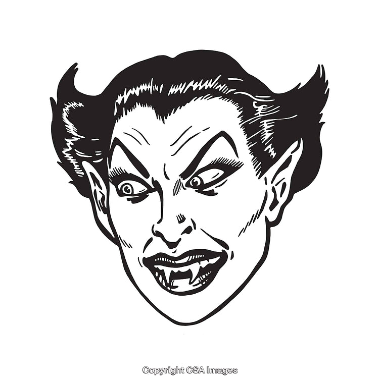 Vampire Character Black and White Line Art Illustration with Fangs