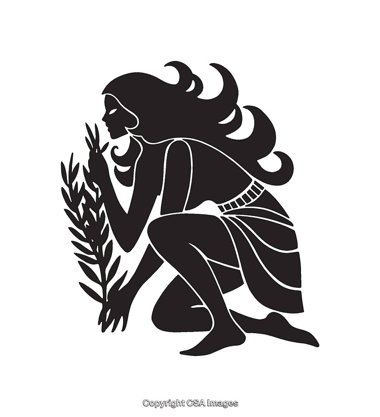 Black And White Illustration of a Kneeling Woman with Plants