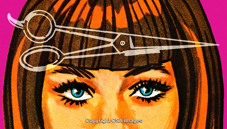 Stylized Portrait of a Woman Featuring Scissors Over Bright Colored Background