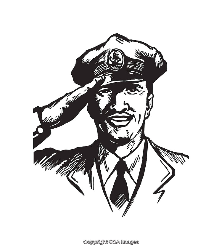 Black and White Artwork of Saluting Military Officer in Formal Uniform