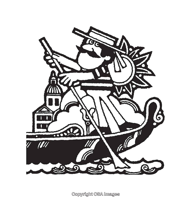 Black and White Line Art of Gondolier in Venice with Urban Scene