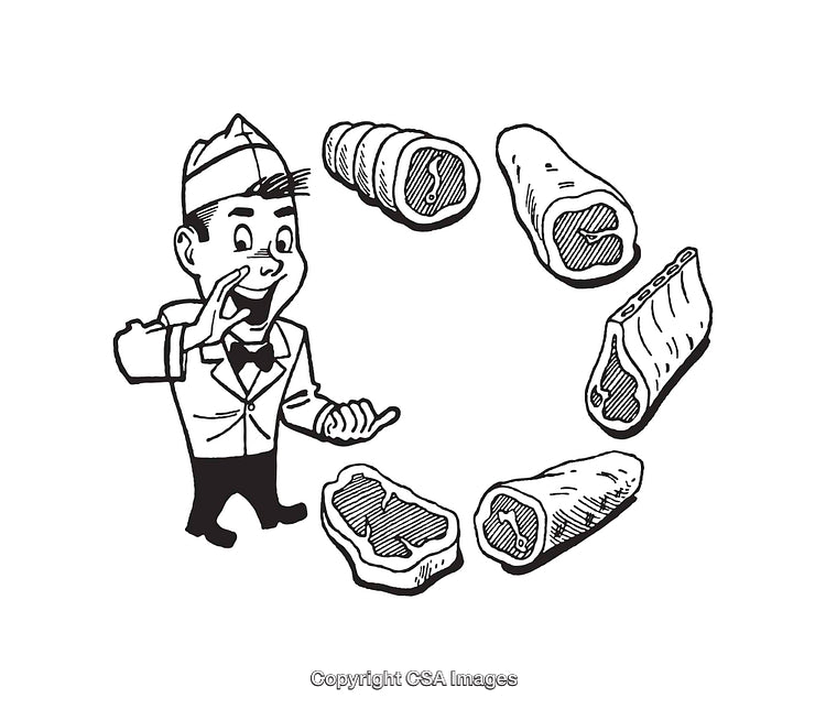 Retro Butcher Promoting Meat Cuts in Black and White Line Art Illustration