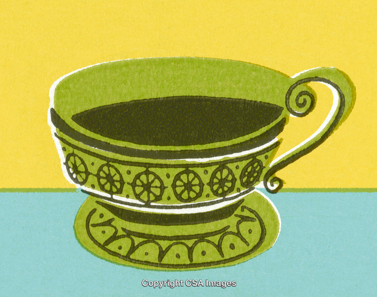 Illustrated Green Decorative Teacup on Vibrant Background