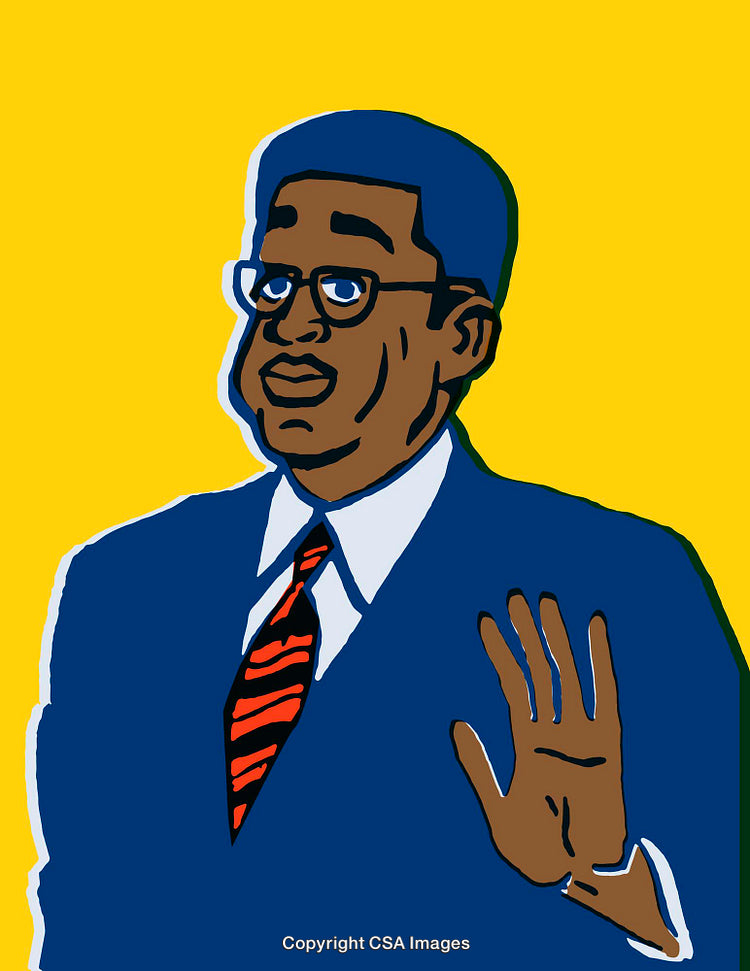 Colorful Illustration of a Businessman in a Blue Suit Gesturing Towards Viewers