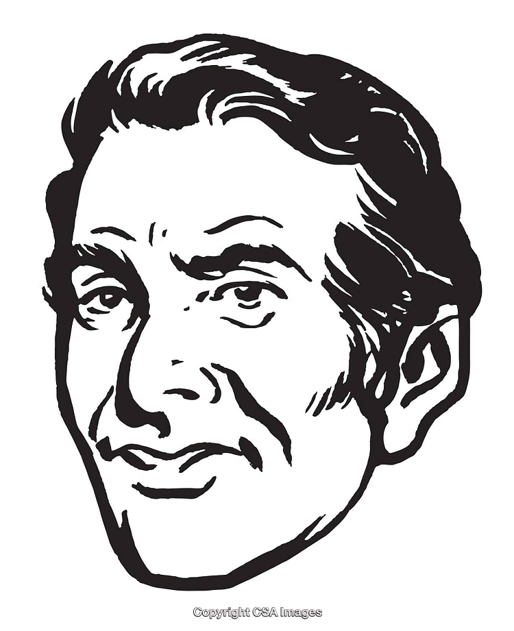 Hand-Drawn Vintage Illustration of a Thoughtful Man's Face in Black and White